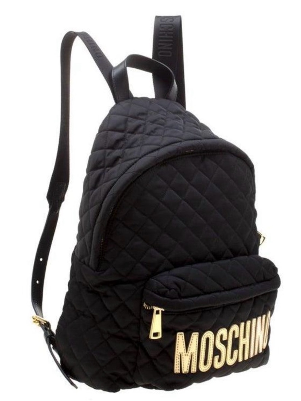 Moschino Black Quilted Nylon Backpack Gold Logo Lettering Designer Bag